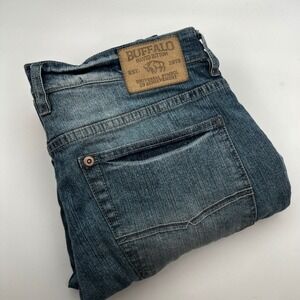 Buffalo David Bitton Jeans Mens 34x32 Six-X Slim Straight Blue Faded Distressed